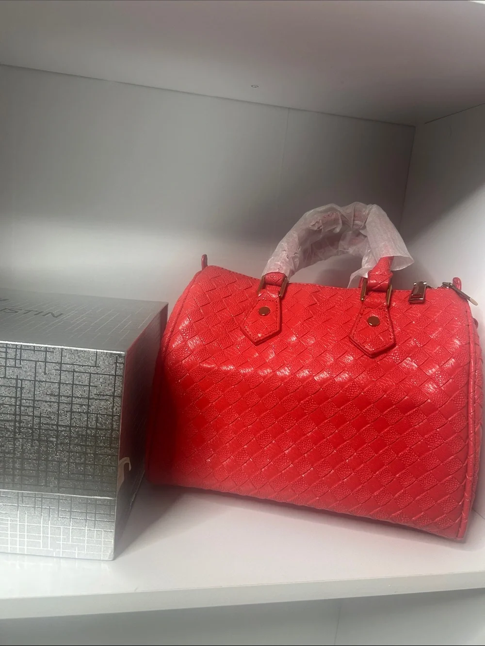 Red Woven Satchel Handbag with Top Handles